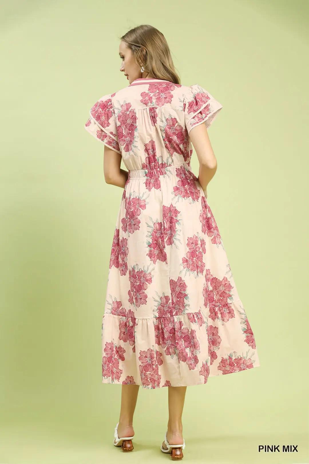 UMGEE Floral Flutter Sleeve Midi Dress