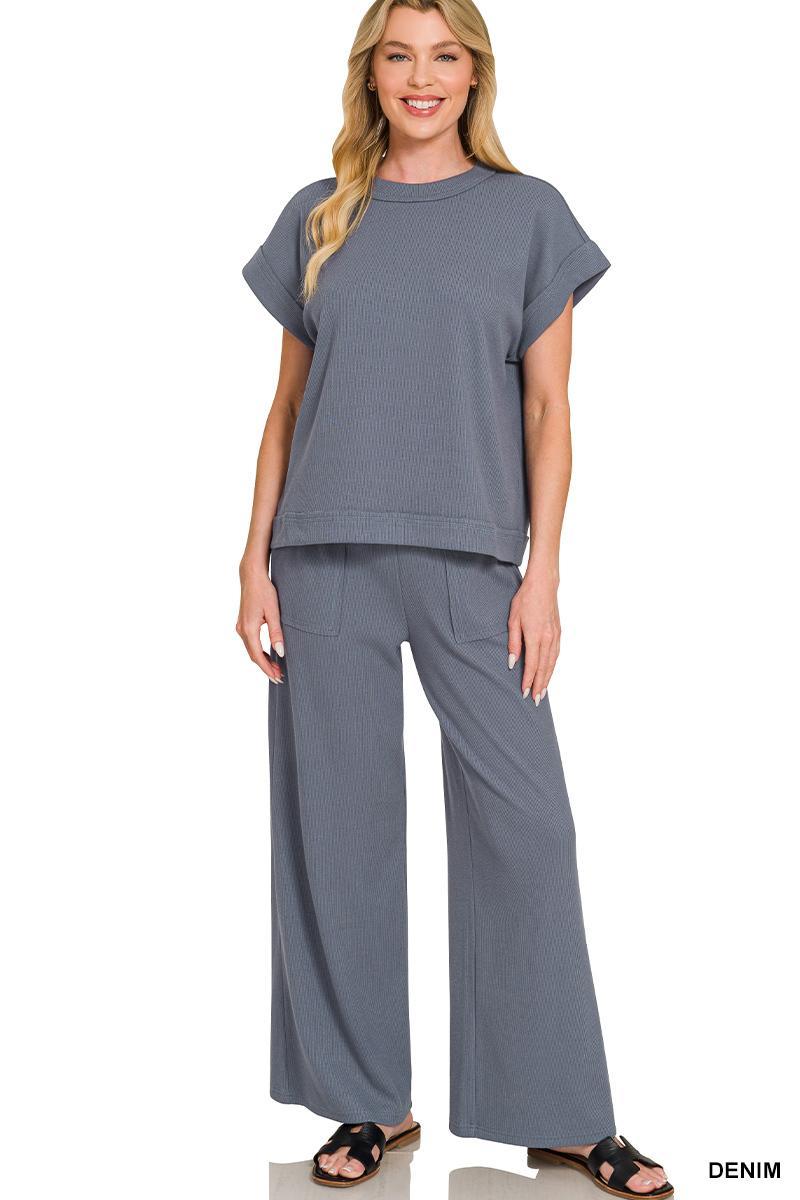 Zenana #CTCP-3480A3 Ribbed short sleeve tee & pants set