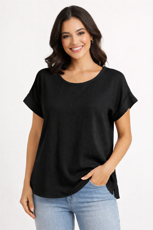 Cotton Gauze Roll Cuff Tee
