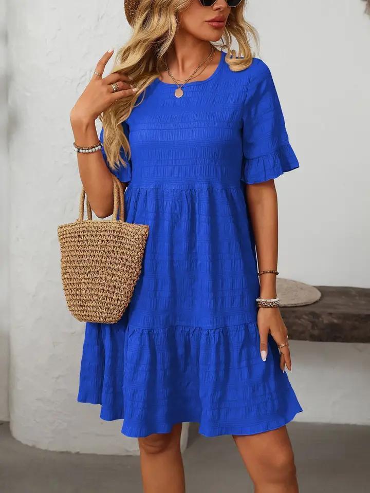 Women Ruffle Sleeve A Line Tiered Flowy Casual Trendy Mini Dress