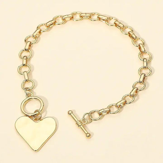 Hammered Metal Heart Charm Chain Link Toggle Bracelet - GOLD