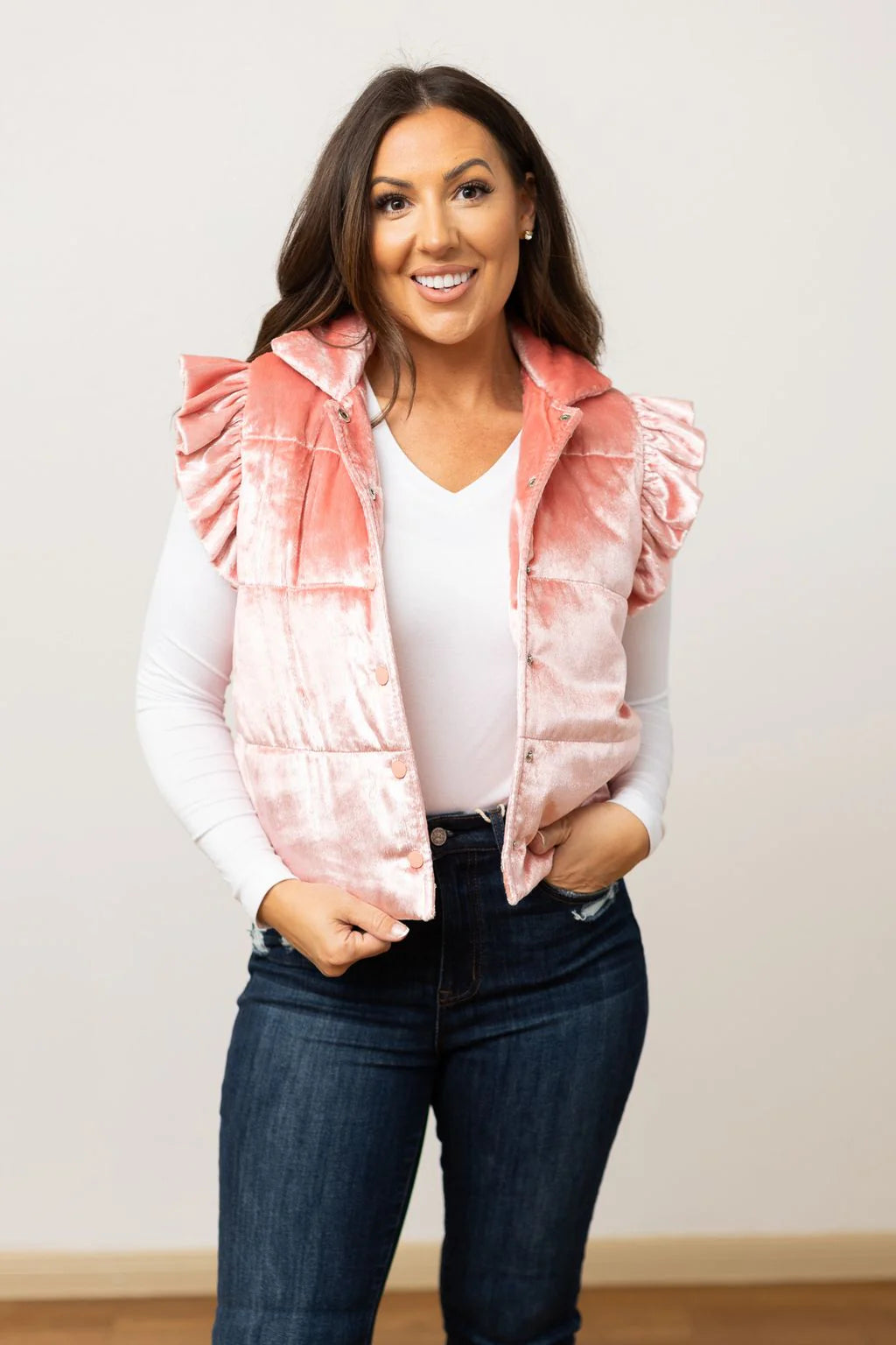 PINK SHIMMER RUFFLE SLEEVE PUFFER VEST