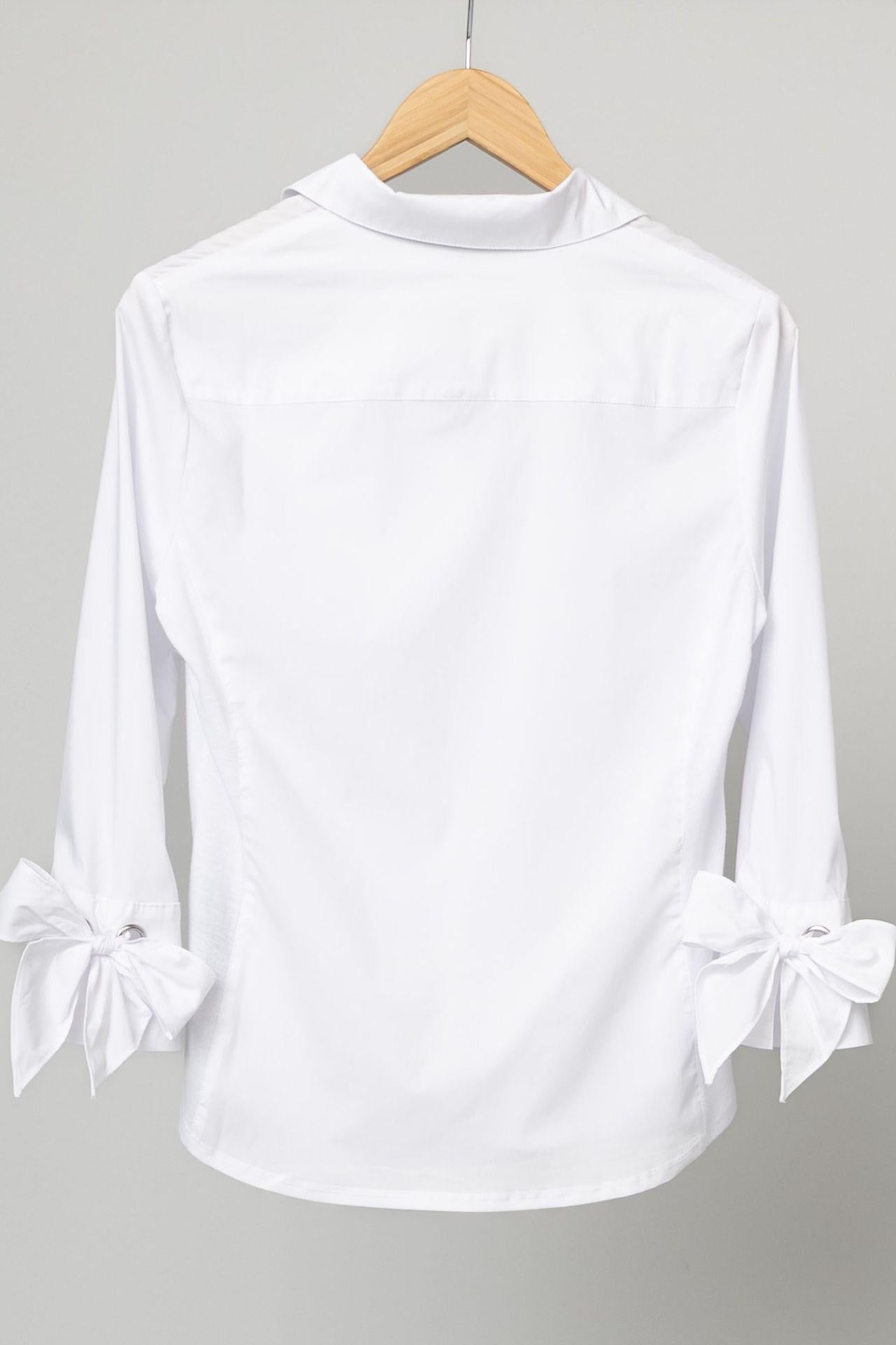 Poplin Button Front Blouse w/ Bow Tie Cuffs