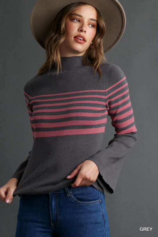 Umgee Mock Neck Stripe Knit Top with Bell Sleeves