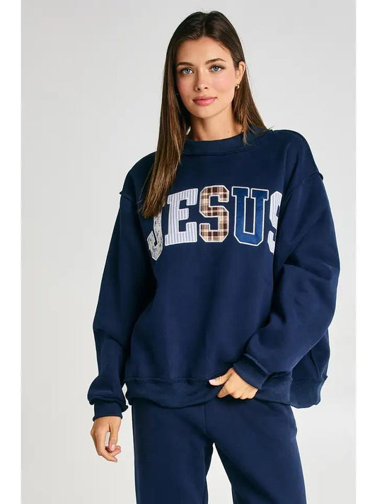 Jesus Embroidered Mock-Neck Sweatshirt - Navy
