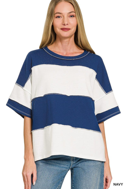 Zenana French Terry Color Block Exposed Seam Top