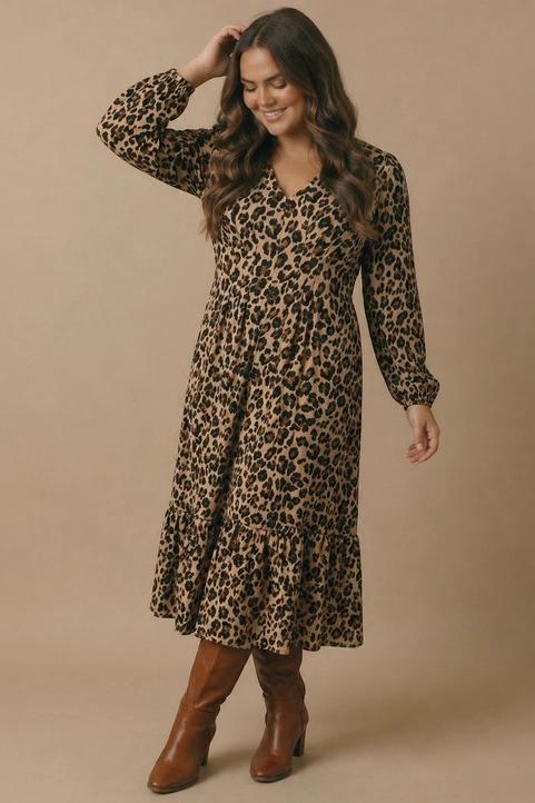 Animal Print Empire Silhouette Midi Dress Curvy Taupe