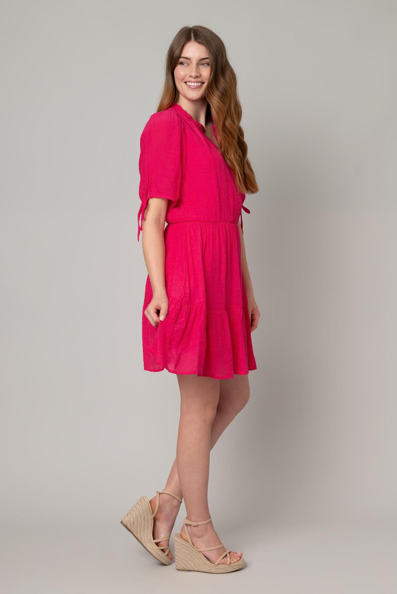 Tie Sleeve Ruffle Neck Dress