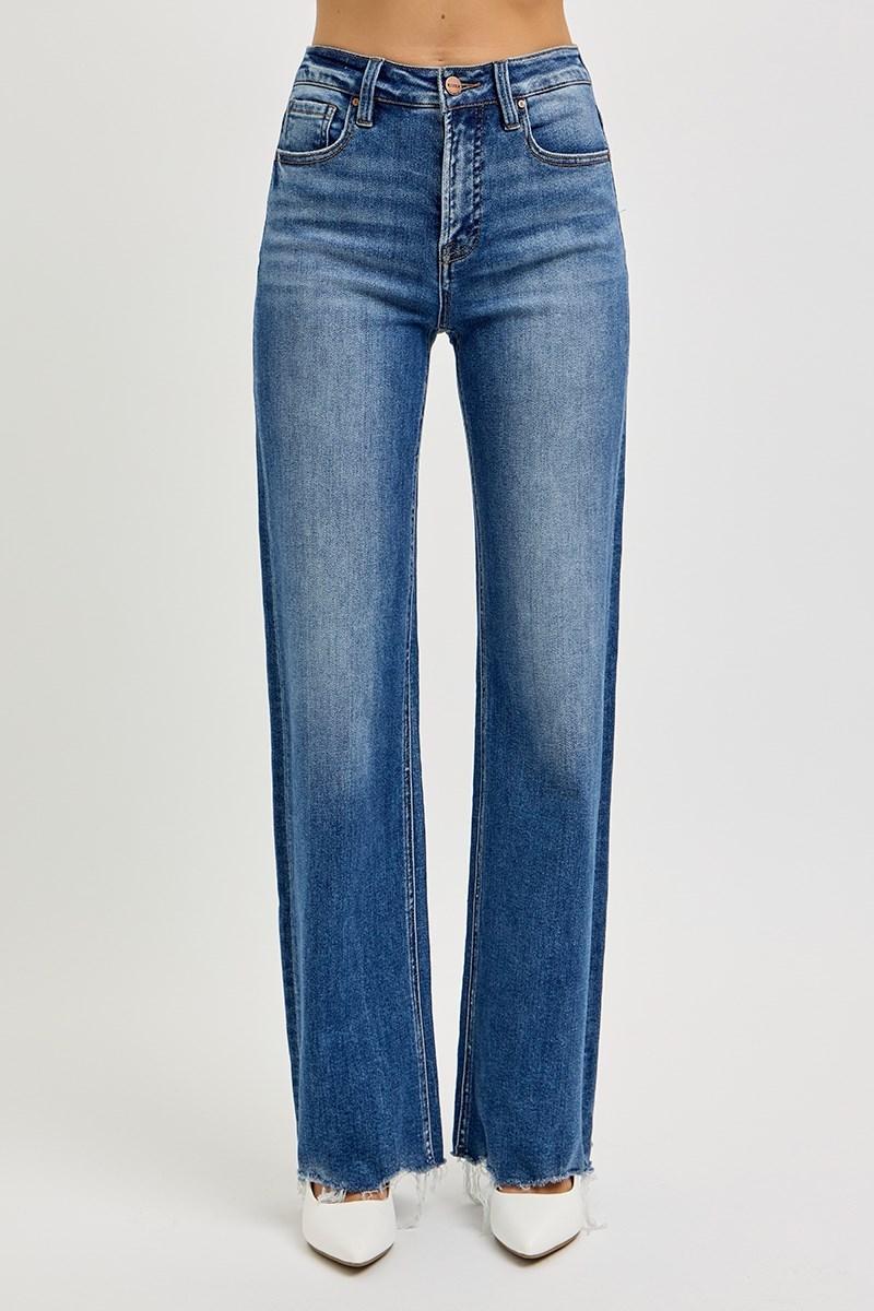 RISEN RDP5958 TUMMY CONTROL HIGH RISE WIDE LEG RAW CUT HEM JEANS