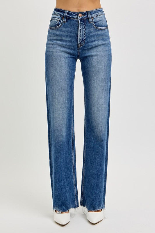 RISEN RDP5958 TUMMY CONTROL HIGH RISE WIDE LEG RAW CUT HEM JEANS