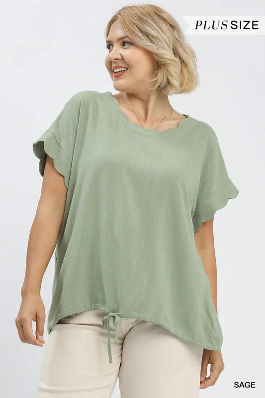 UMGEE Linen Blend Rolled Sleeve Top - PLUS