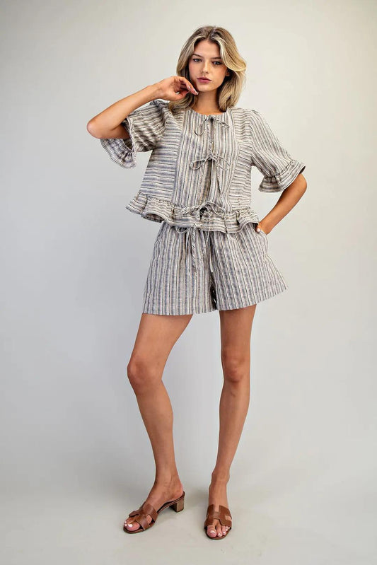 EE:SOME Striped Front Tie Ruffled Blouse Top Taupe
