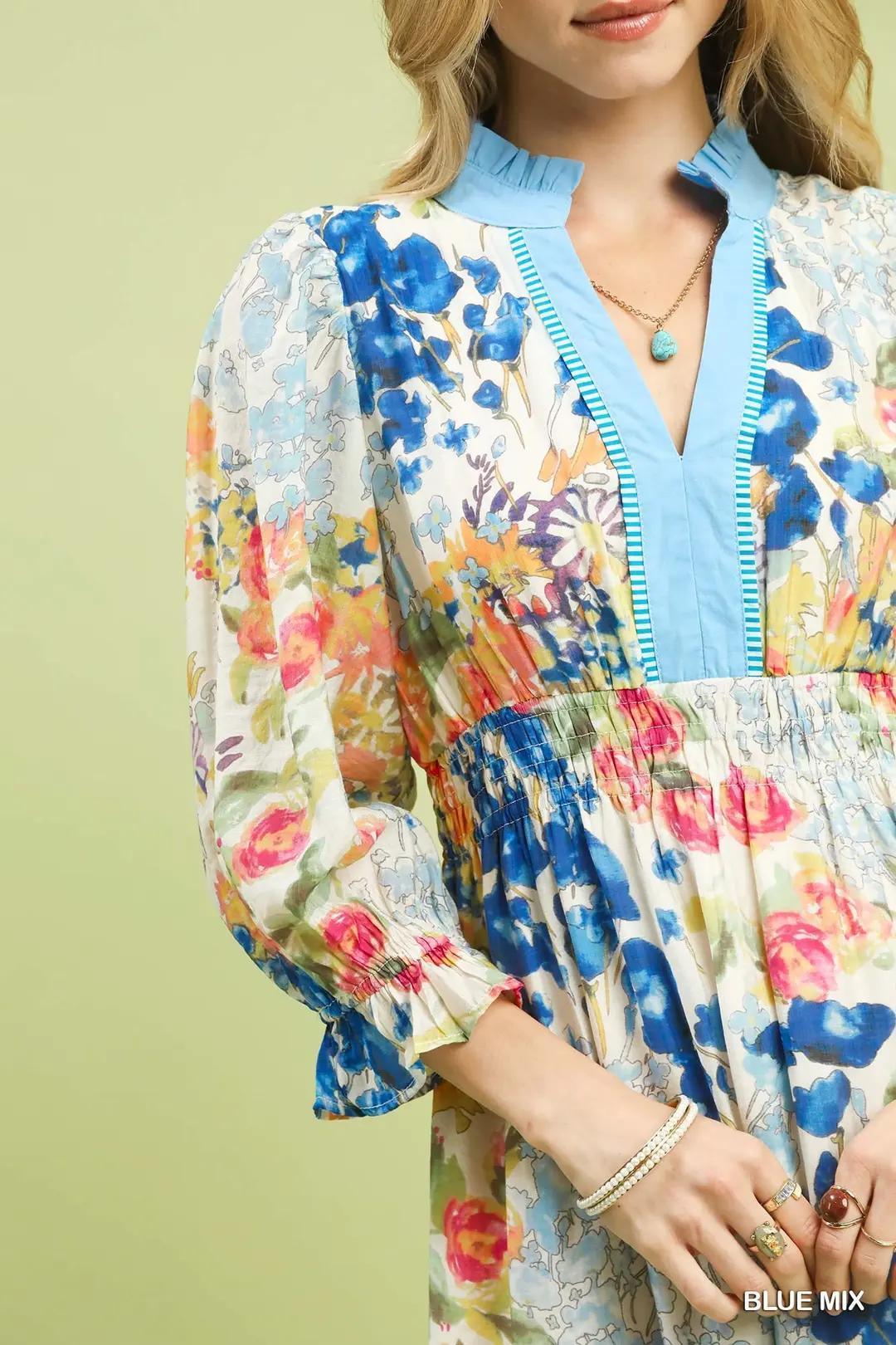 Umgee Mix Floral Print Maxi Dress with Contrast Trim