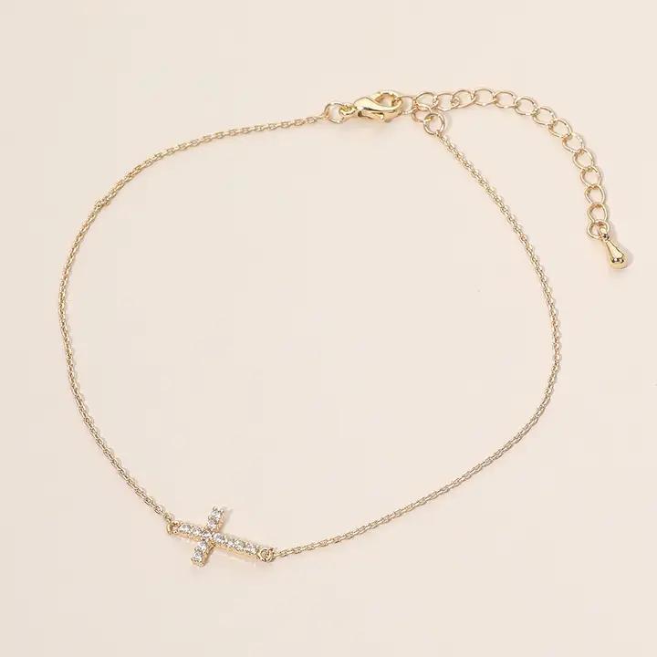 Stone Pave Cross Charm Accent Anklet