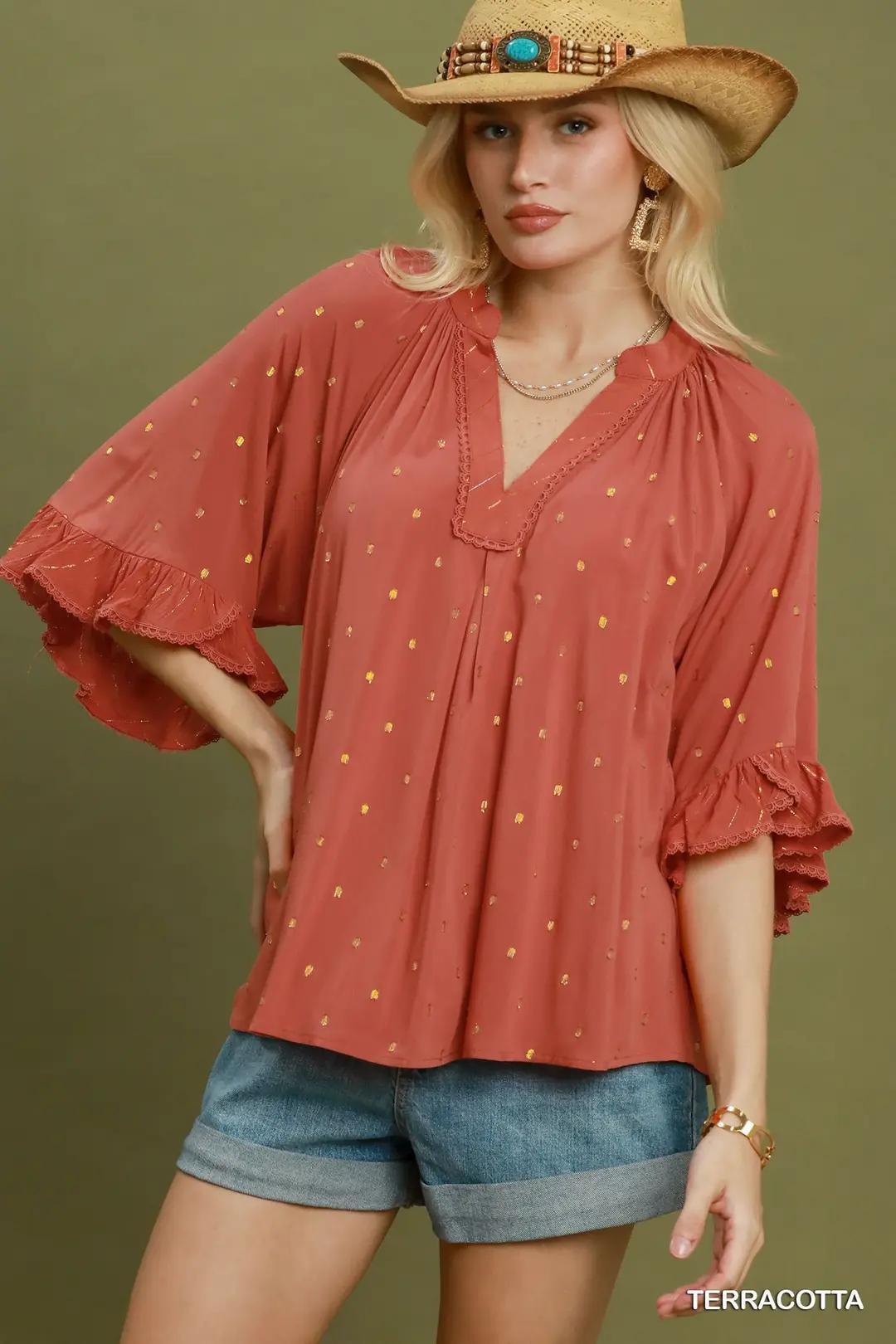 Umgee V-Neck Solid Top with Dot Accents - Terracotta