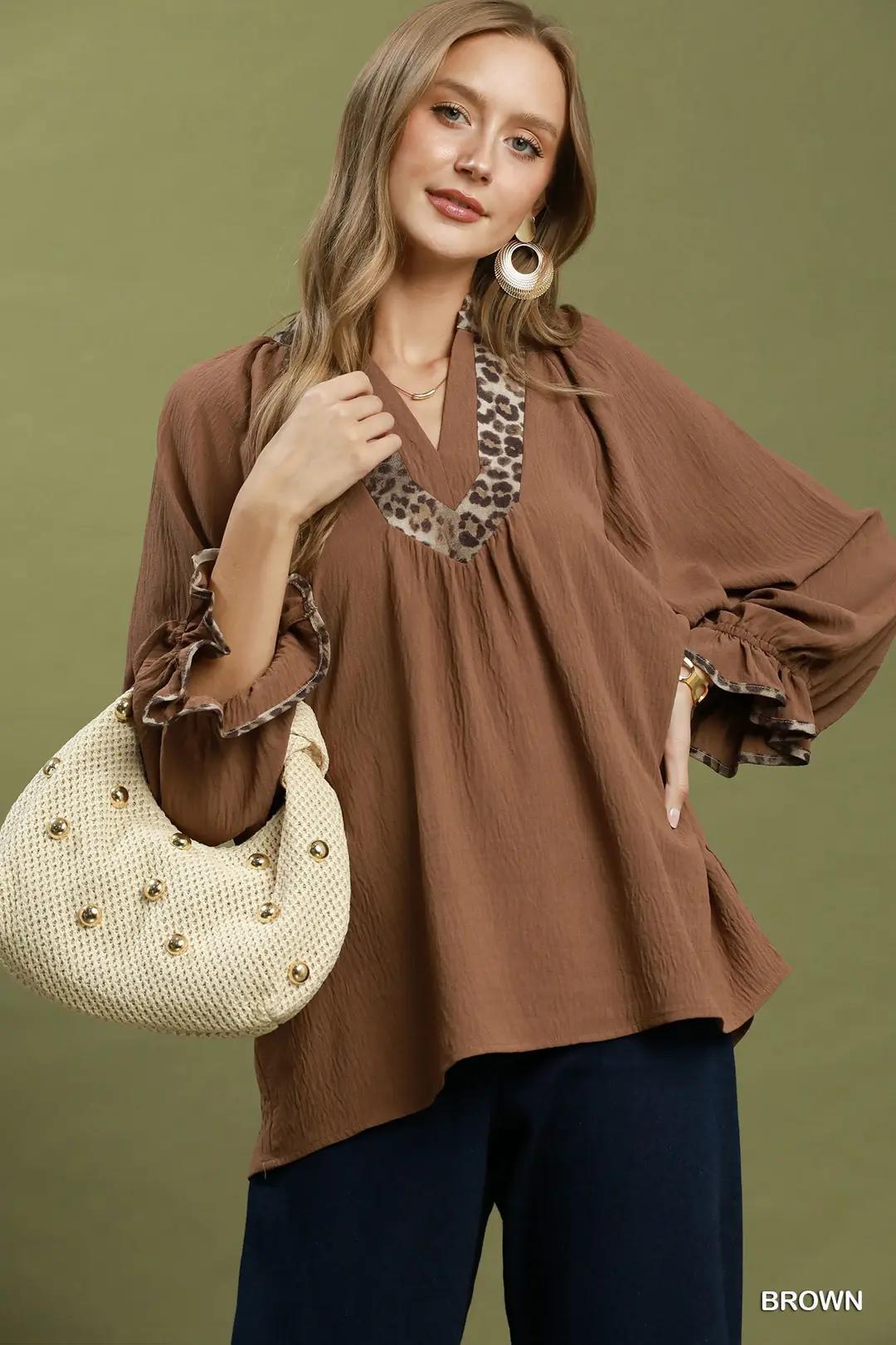 Umgee Leopard Trim V-Neck Puff Sleeve Blouse - Brown