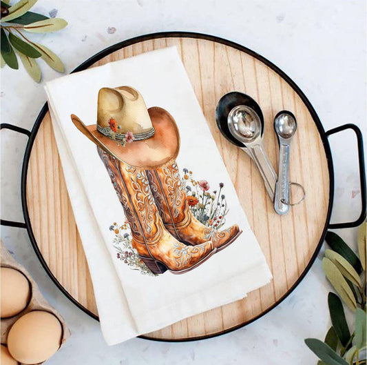 Western Cowboy Boots Country Flowers Tea Towel