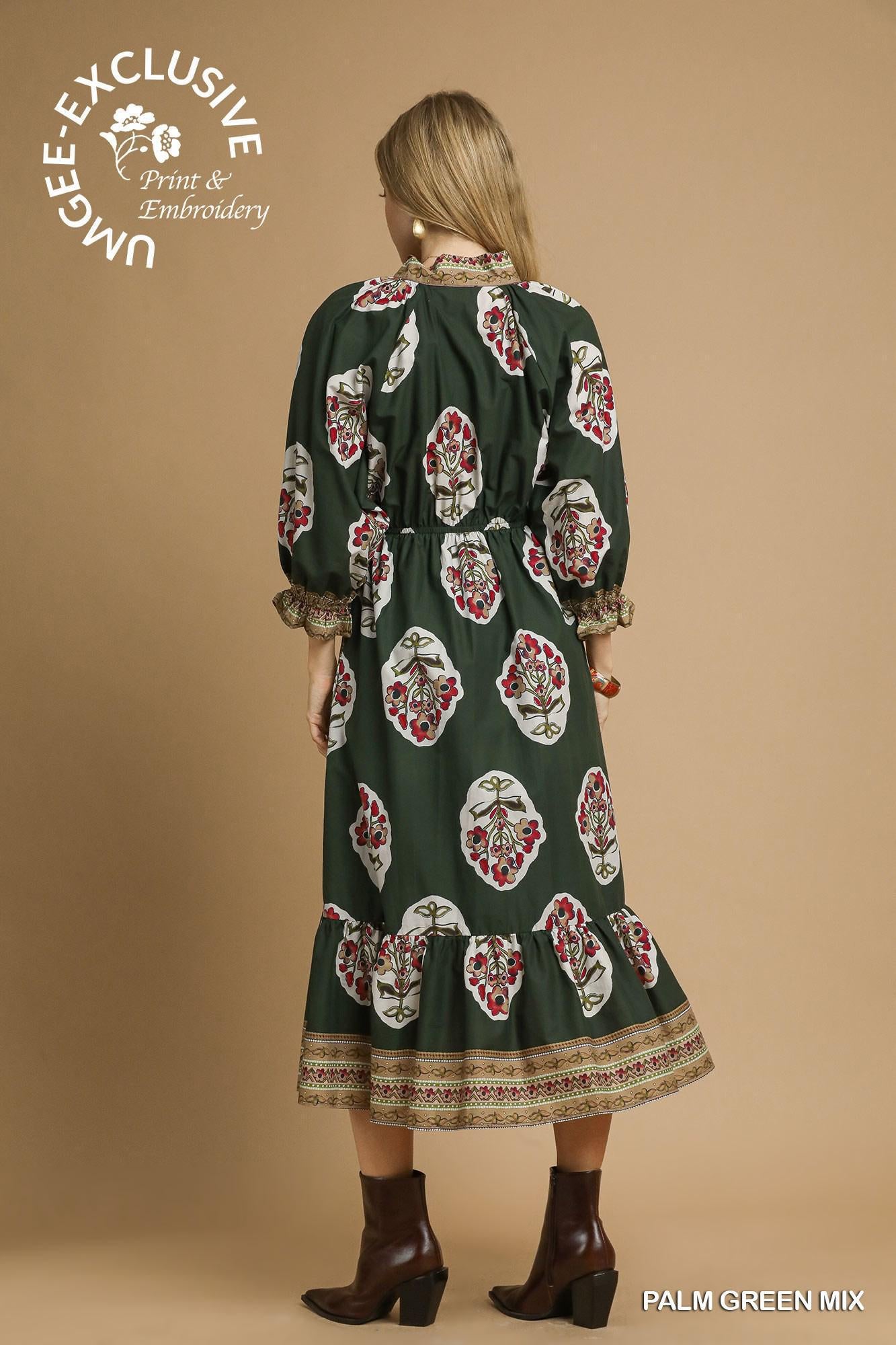 UMGEE Flower Patch Boarder Print V-Neck Midi Dress