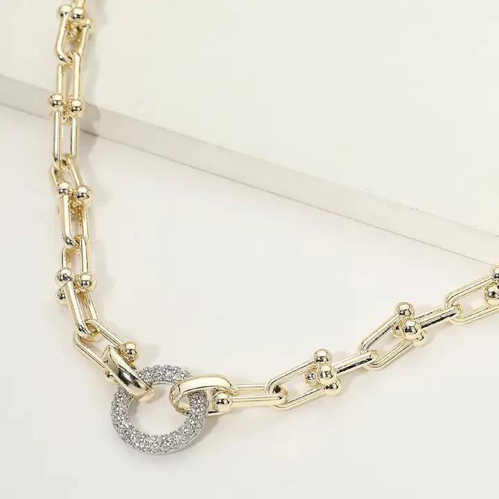 14K Gold Plated Cz Pave Ring Accent Industrial Link Chain Necklace