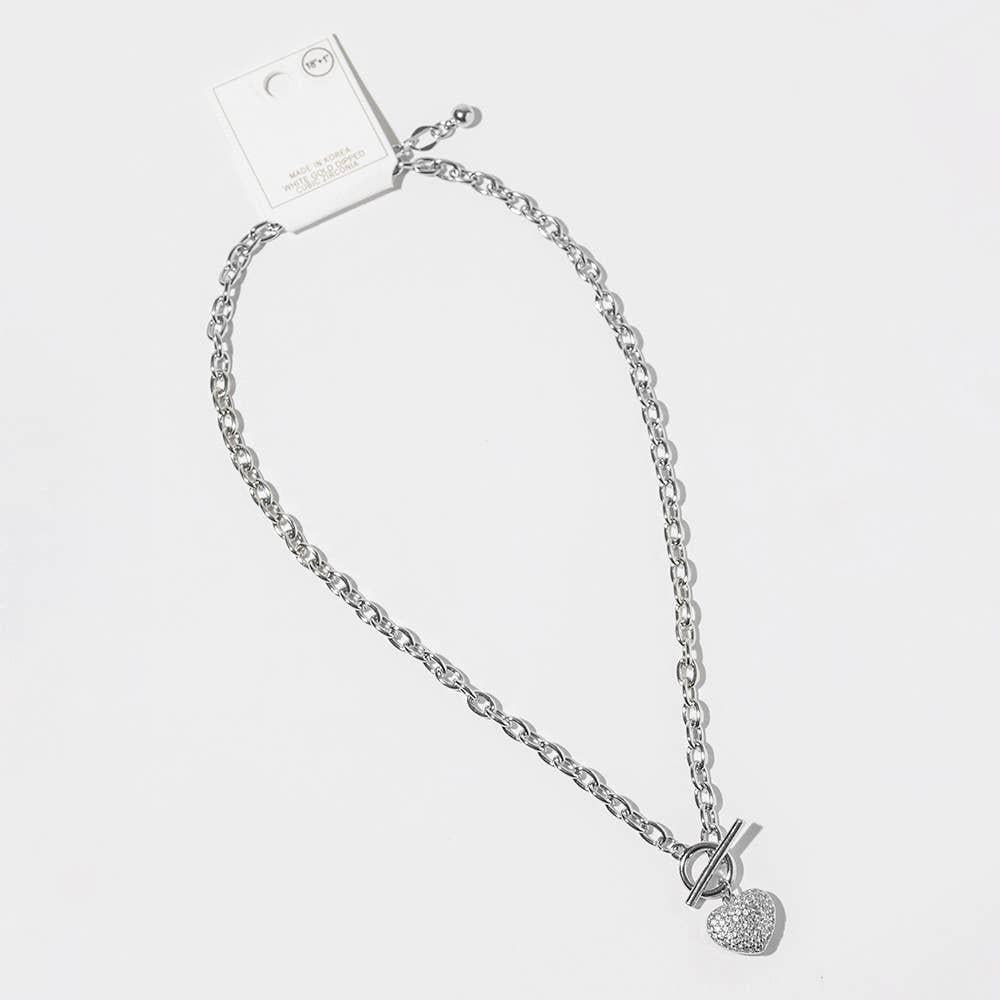 Gold Dipped Chunky Chain CZ Stone Paved Puff Heart Toggle Pendant Necklace