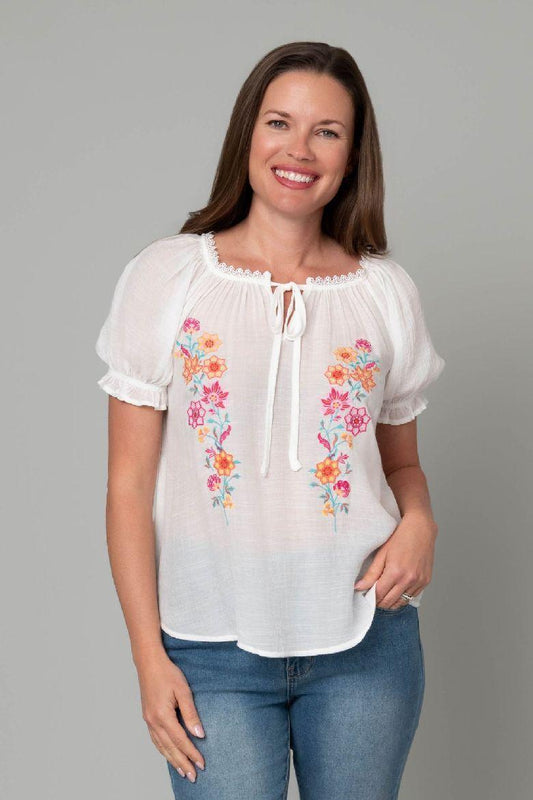 Floral Embroidered Tissue Faille Peasant Top
