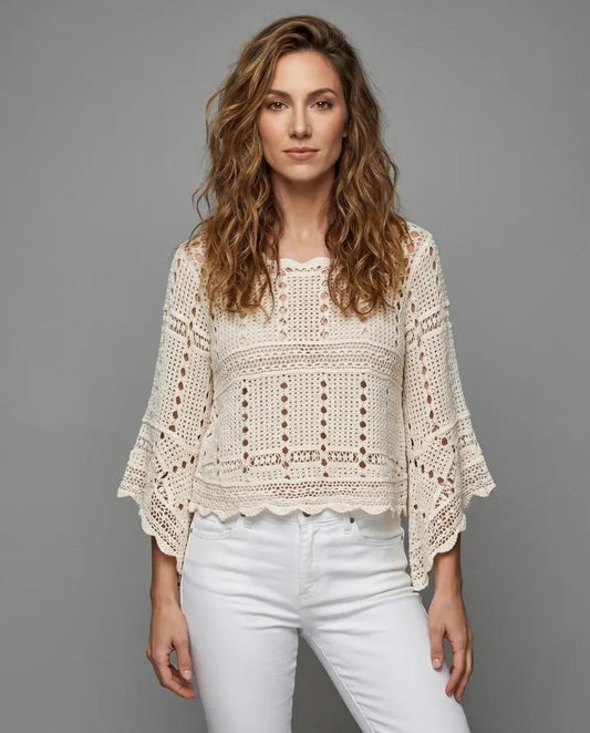 Natural Crochet Flutter Bell Sleeve Blouse