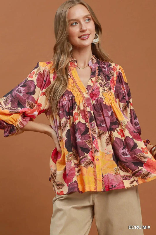 Umgee  Mix Floral Print Button Front Blouse C