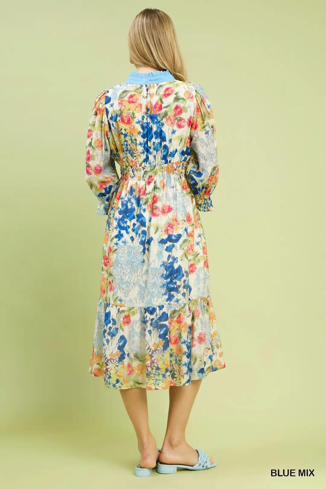 Umgee Mix Floral Print Maxi Dress with Contrast Trim