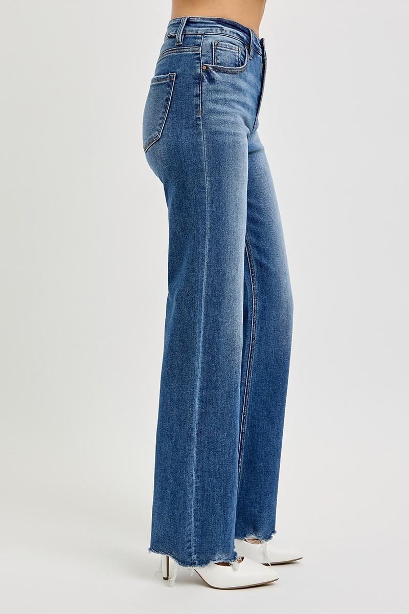 RISEN RDP5958 TUMMY CONTROL HIGH RISE WIDE LEG RAW CUT HEM JEANS