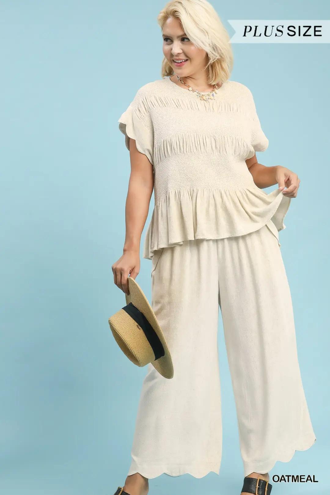 Linen Blend Smocked Peplum Top