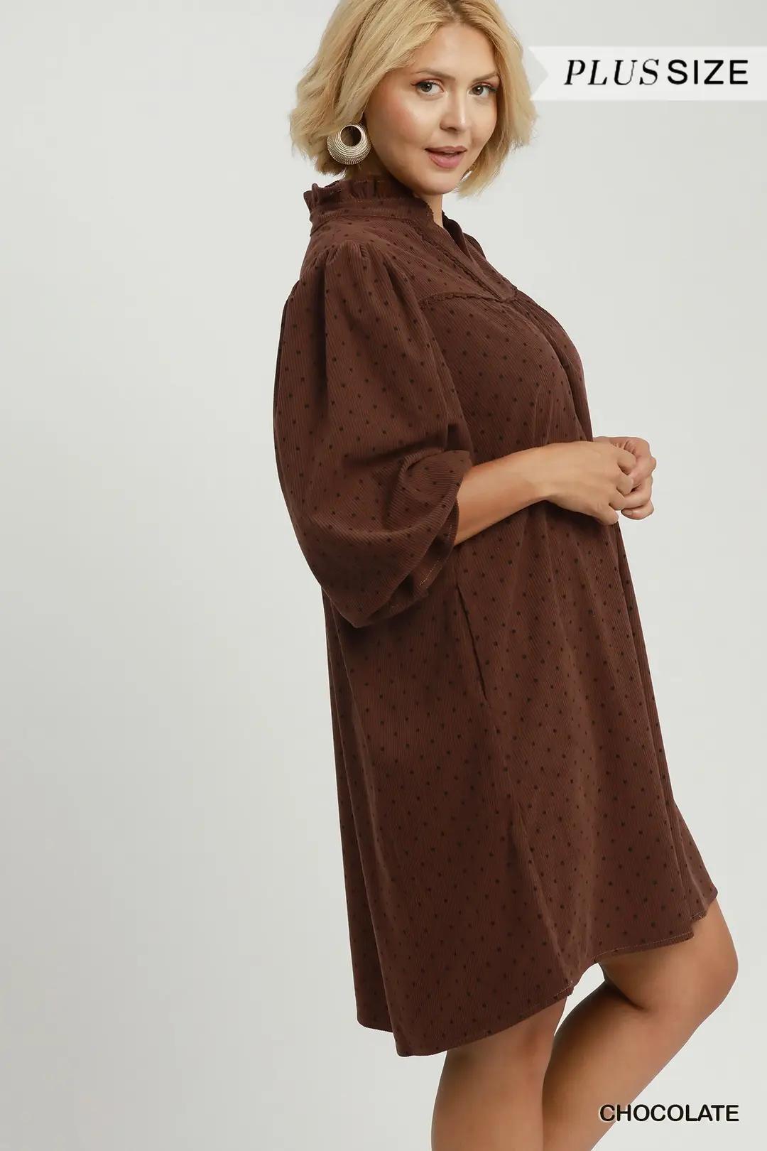 Umgee Swiss Dot Ruffle Neck Babydoll Dress - Chocolate
