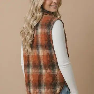 Plaid Quilted Snap Button Puffer Vest