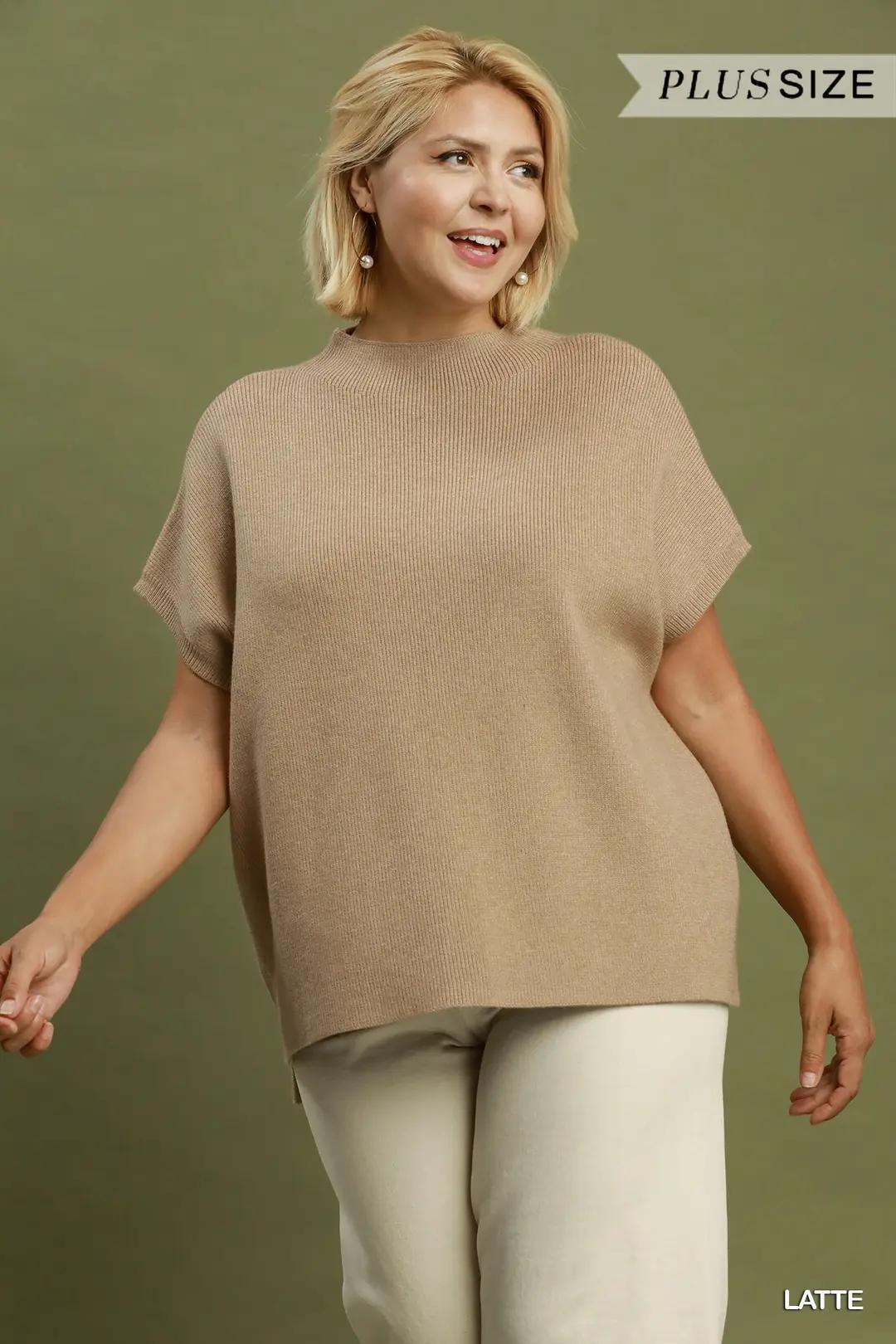 Umgee Mock Neck Short Sleeve Sweater Top - Latte