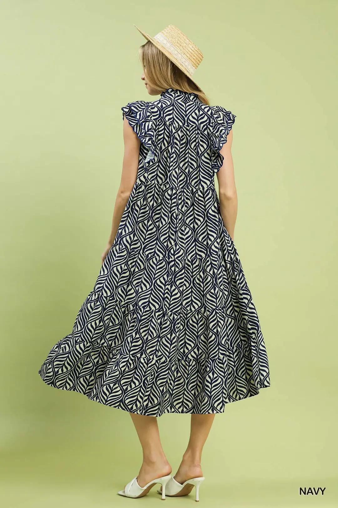 Leaf Print Tiered Midi Dress Navy