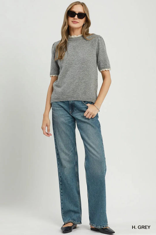 Umgee Scalloped Trim Puff Sleeve Knit Sweater Top