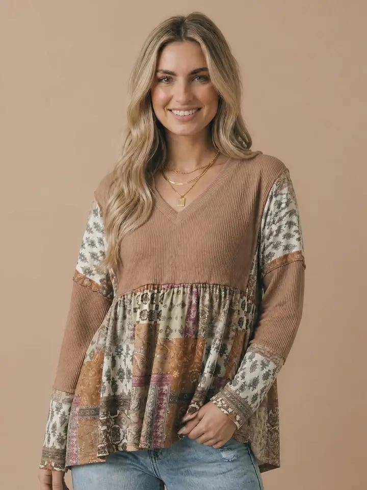 Boho Print Color Block Knit Top