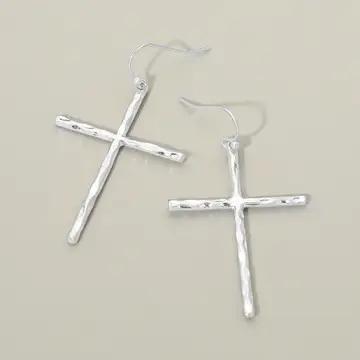 Hammered Metal Cross Earrings - Worn Silver