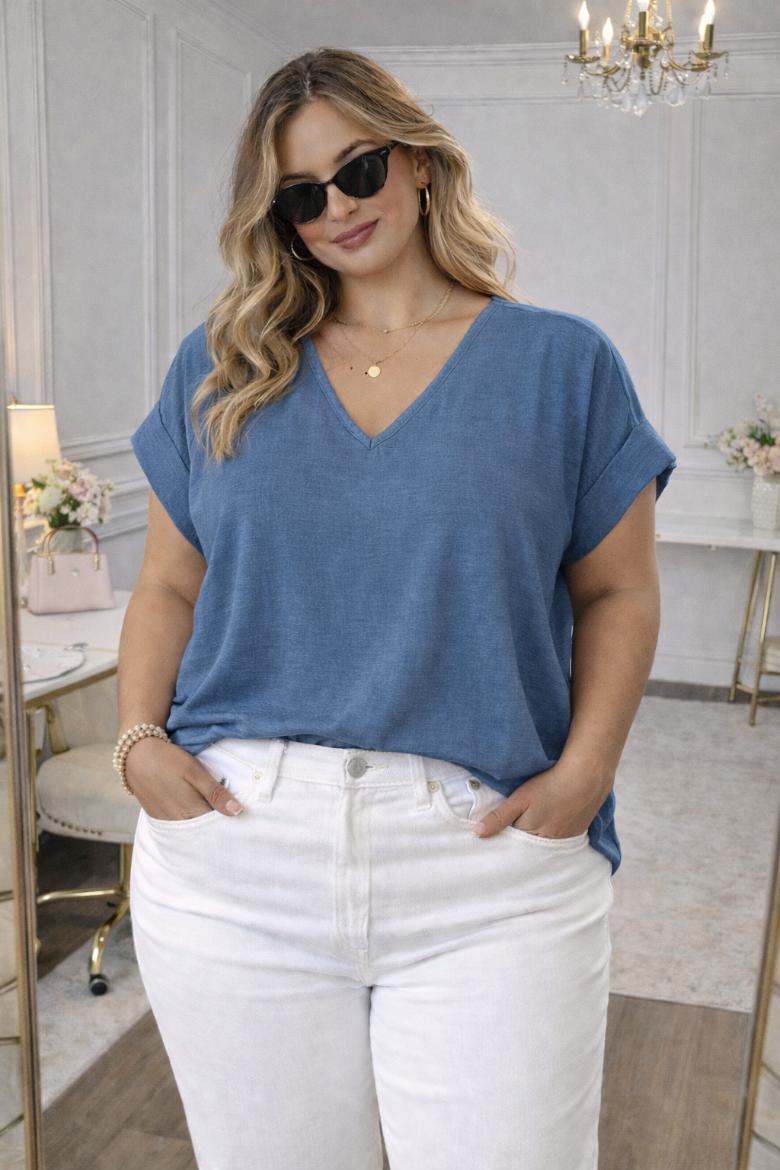 Matte Air Flow V-Neck Dolman Sleeve Tee (Denim Blue)