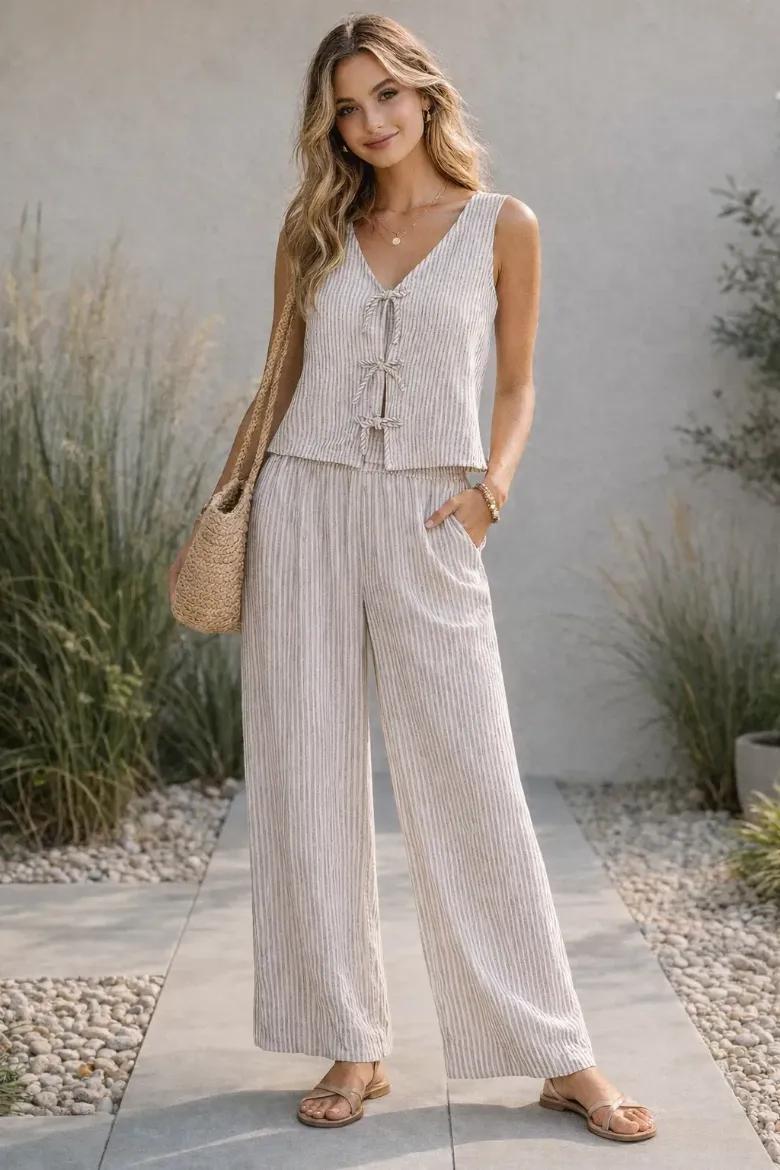 Striped V-Neck Bow Tie Front Tank