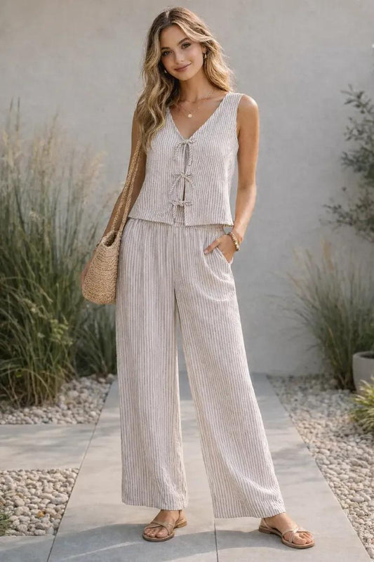 Striped V-Neck Bow Tie Front Tank
