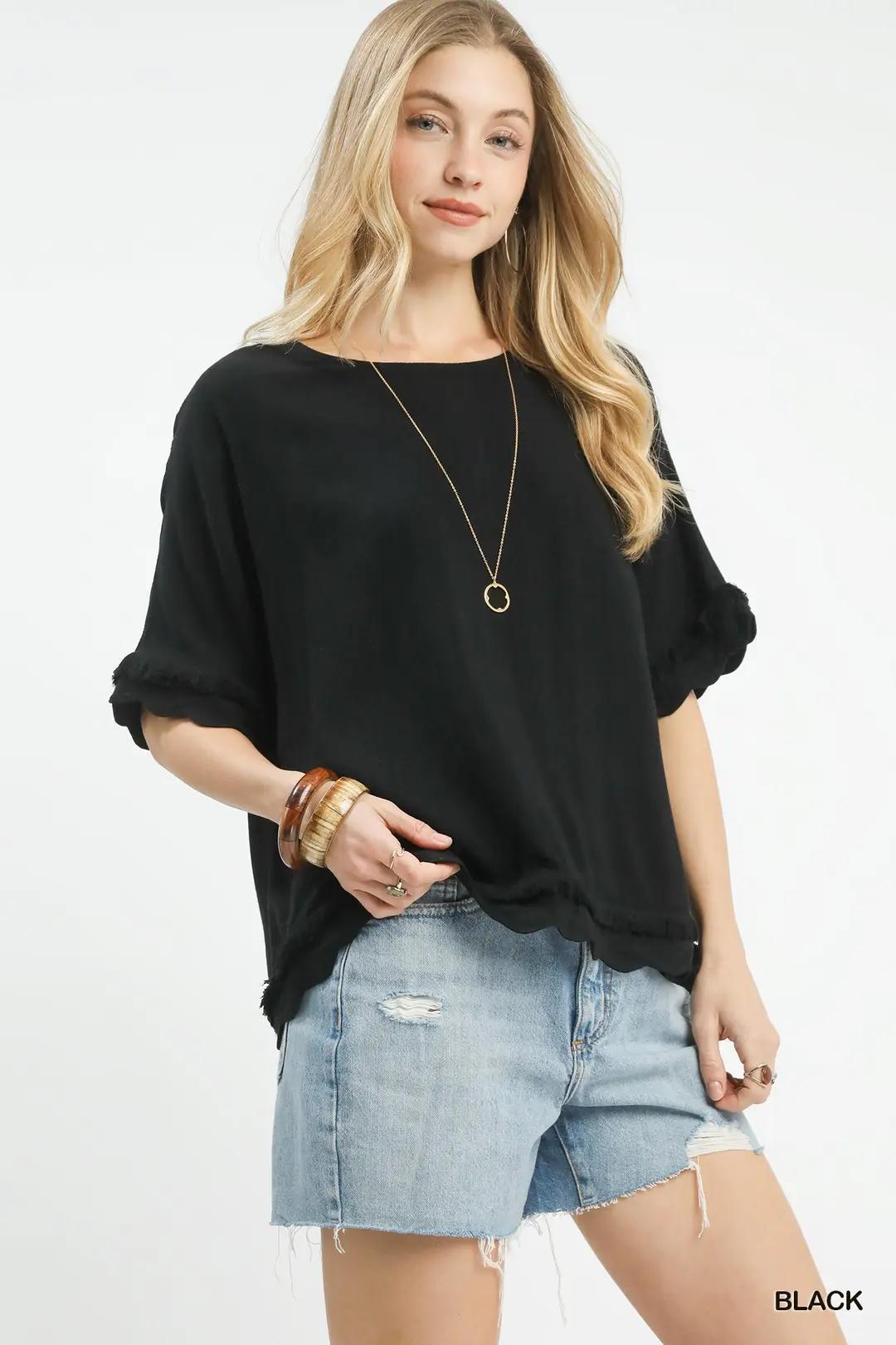 Umgee Linen Frayed Hem Scallop Edge Top Black
