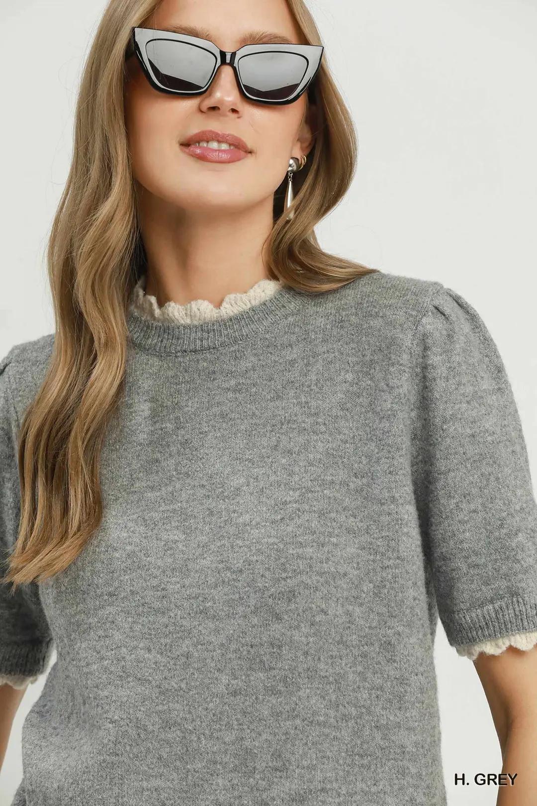 Umgee Scalloped Trim Puff Sleeve Knit Sweater Top