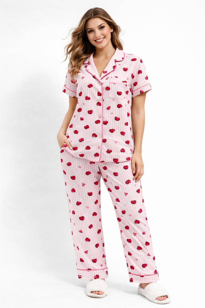 Hearts/Stripes Yummy Jersey S/S Button Front Top + Pull On Pant PJ Set