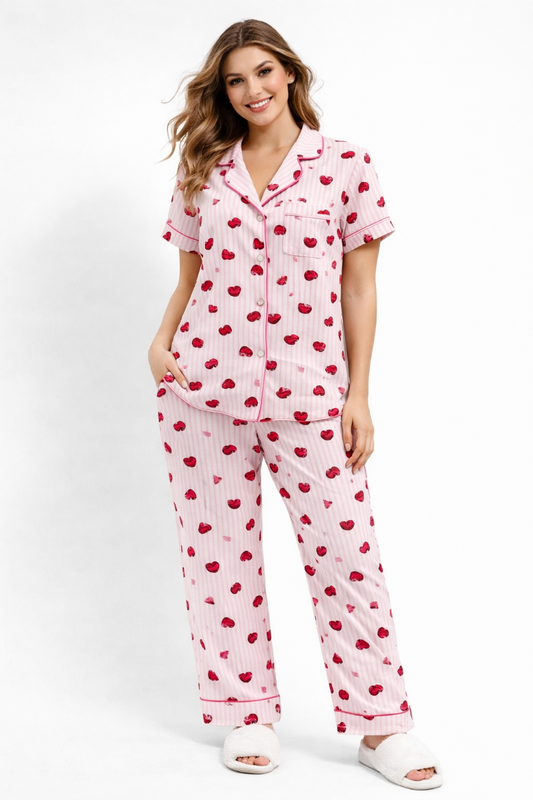 Hearts/Stripes Yummy Jersey S/S Button Front Top + Pull On Pant PJ Set
