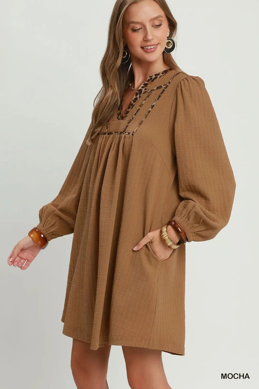 Umgee Leopard Trim Textured Babydoll Mini Dress - Mocha