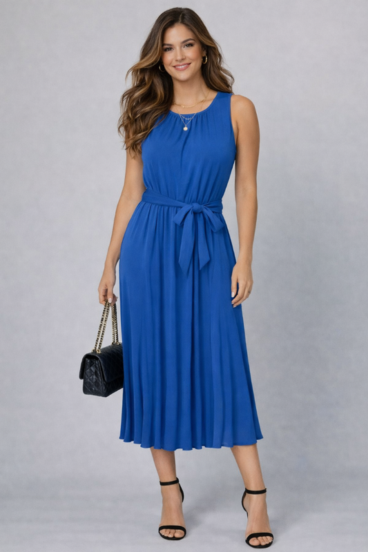 Self Sash Pleated Midi Dress - French Blue