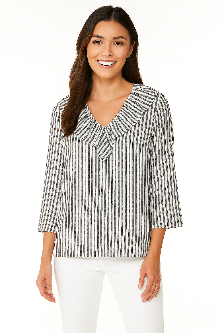 Striped Linen-Like Ruffle Neck Blouse