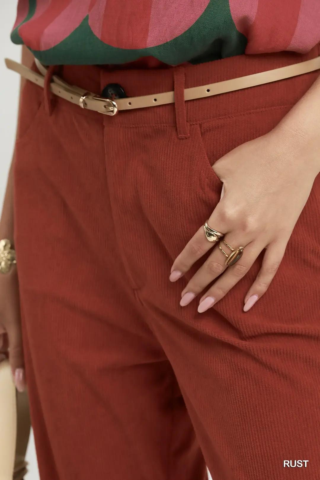 Umgee Corduroy Straight Leg Pants - Rust