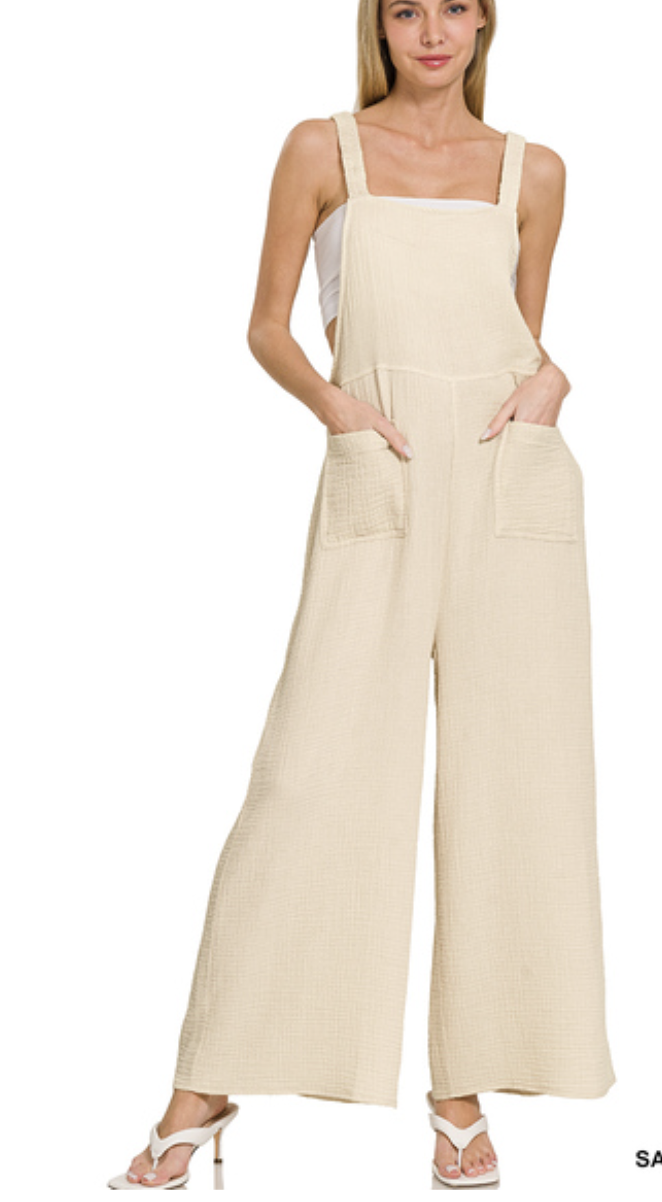 Zenana 7161 Washed Double Gauze Elastic Waist Wide Overalls