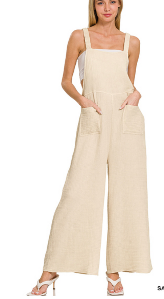 Zenana 7161 Washed Double Gauze Elastic Waist Wide Overalls